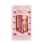 Pink Charlotte Tilbury Pillow Talk lip kit packaging with two rose-gold lip products visible through a window, surrounded by lip-print designs inside a pale tin.