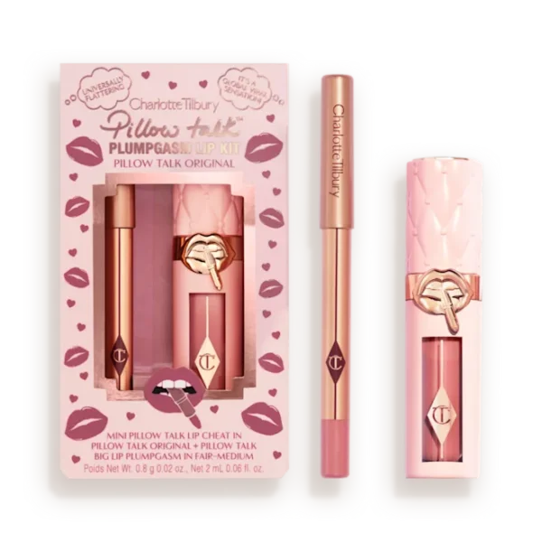 Charlotte Tilbury Pillow Talk lip kit in pink packaging with lip liner, lipstick, and gloss in rose-gold tubes.