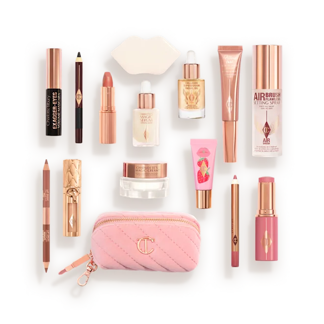Flat lay of a pastel pink makeup bag surrounded by assorted cosmetic tubes, lipsticks, pencils, and bottles on a light tray.