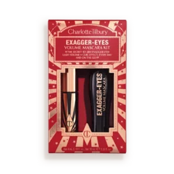 Charlotte Tilbury Exagger-Eyes Volume Mascara Kit in red-and-gold packaging, showing mascara tube and wand inside a decorative tin