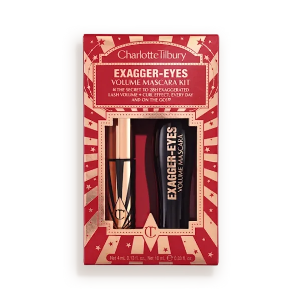 Charlotte Tilbury Exagger-Eyes Volume Mascara Kit in red-and-gold packaging, showing mascara tube and wand inside a decorative tin