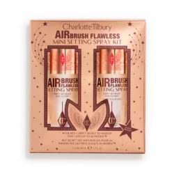 Charlotte Tilbury Airbrush Flawless Setting Spray mini kit in peach packaging, two bottles on display.