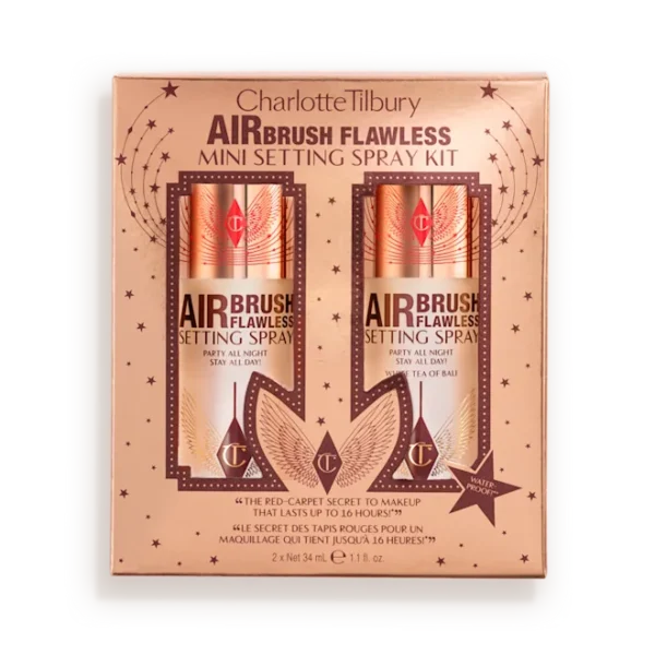 Charlotte Tilbury Airbrush Flawless Setting Spray mini kit in peach packaging, two bottles on display.