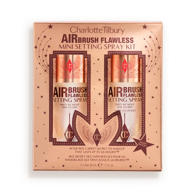 Charlotte Tilbury Airbrush Flawless Setting Spray mini kit in peach packaging, two bottles on display.