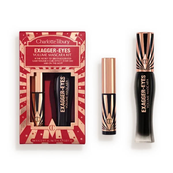 Charlotte Tilbury Exagger-Eyes Volume Mascara Kit with red star-pattern packaging and two mini mascara tubes