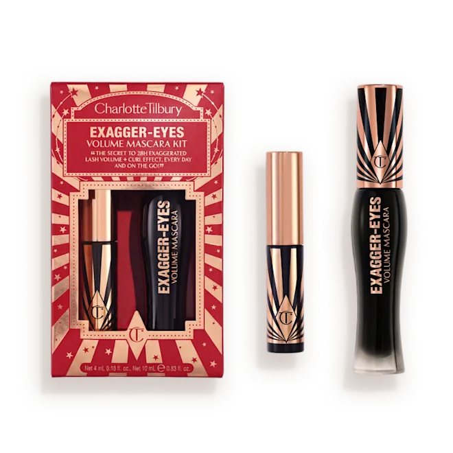 Charlotte Tilbury Exagger-Eyes Volume Mascara Kit with red star-pattern packaging and two mini mascara tubes