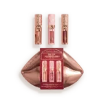 Charlotte Tilbury Big Lip Plump & Mini Trio lip kit with three pink-rose lipsticks in rose-gold tubes on a metallic tray