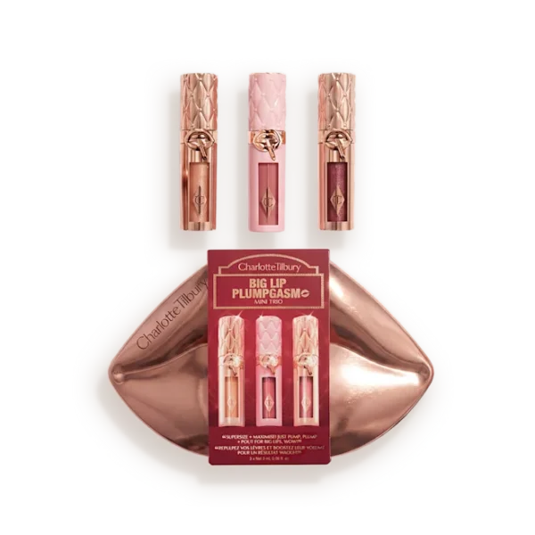 Charlotte Tilbury Big Lip Plump & Mini Trio lip kit with three pink-rose lipsticks in rose-gold tubes on a metallic tray