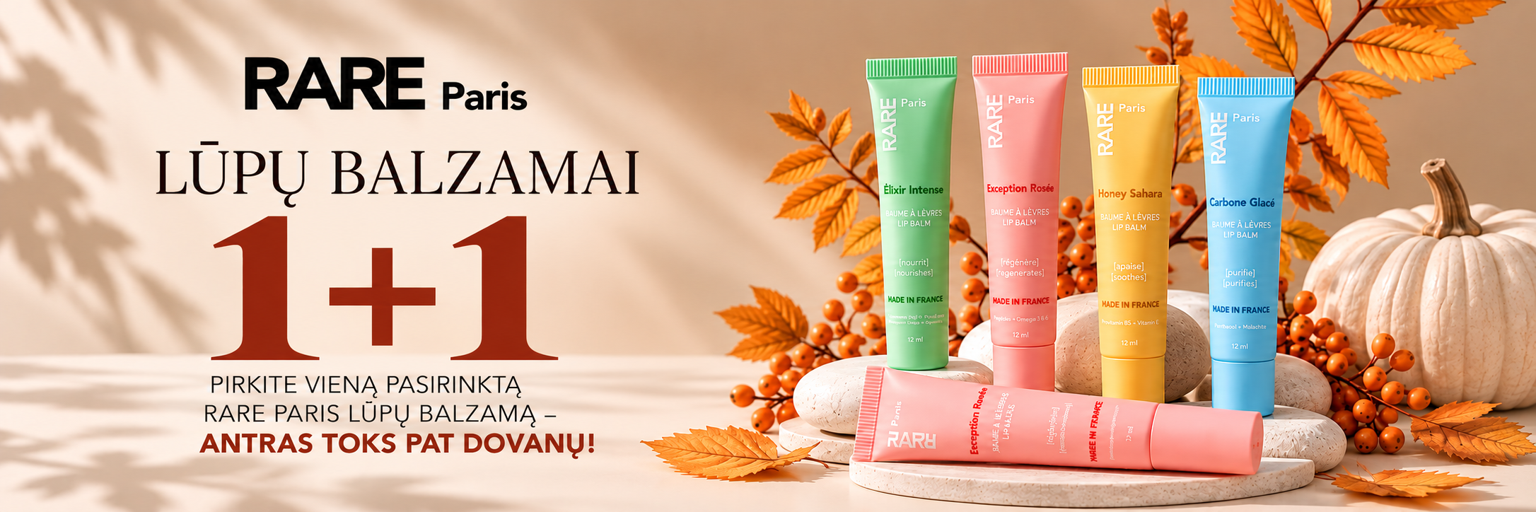 Rare Paris Lip Balm Autumn Offer - shopcosmoprof.com RARE Paris lip balms promotional banner with a bold 1+1 offer and autumn leaves décor in warm tones.