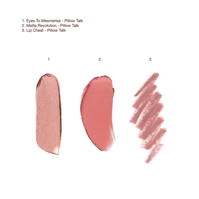 Three pink makeup swatches from left to right: a light peach shimmer, a medium pink cream, and a pink brushed swatch.