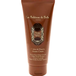 La Sultane de Saba shower cream tube with amber-brown packaging and ornate label reading Voyage sur la route des Epices, Crème de Douche.