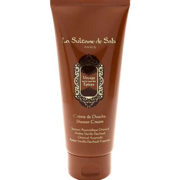La Sultane de Saba shower cream tube with amber-brown packaging and ornate label reading Voyage sur la route des Epices, Crème de Douche.