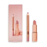 Charlotte Tilbury Pillow Talk lip kit: pink lip liner and matching lipstick in rose-gold packaging beside the box.
