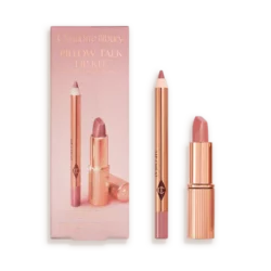 Charlotte Tilbury Pillow Talk lip kit: pink lip liner and matching lipstick in rose-gold packaging beside the box.
