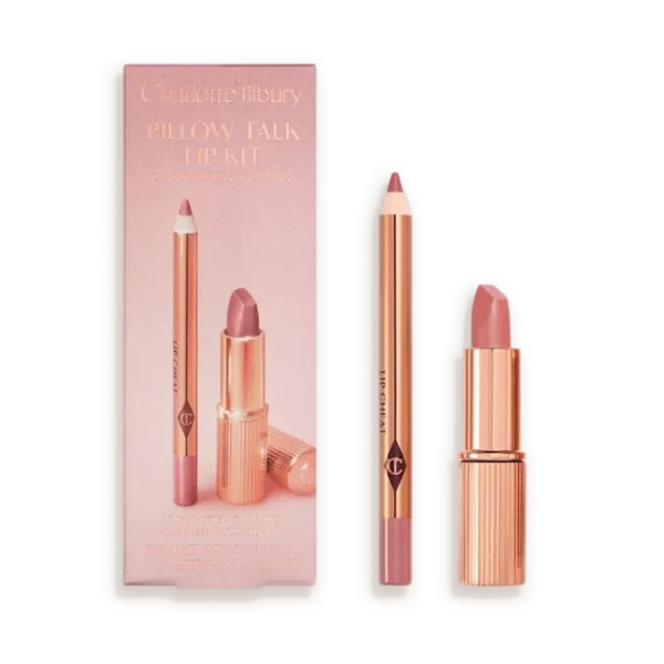 Charlotte Tilbury Pillow Talk lip kit: pink lip liner and matching lipstick in rose-gold packaging beside the box.