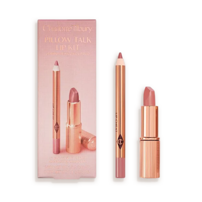 pdp-pt-lipkit-original-shadowpng - shopcosmoprof.com Charlotte Tilbury Pillow Talk lip kit: pink lip liner and matching lipstick in rose-gold packaging beside the box.