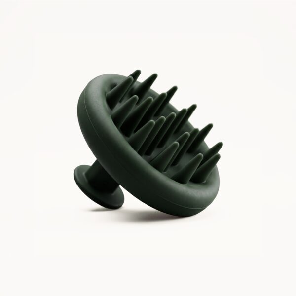 Abstract dark-green sculpture with curved, tentacle-like spikes set against a light background.