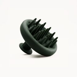 Abstract dark-green sculpture with curved, tentacle-like spikes set against a light background.